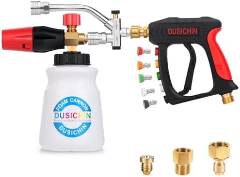 DUSICHIN Short Wand Pressure Washer Gun Foam Cannon 1/4" Quick Connector Pressure Washer Accessory,Car Wash Foam Gun Dual Ended Shift Connector 5 Pressure Washer Nozzles M22-14, M22-15 Brass Fittings by DUSICHIN
