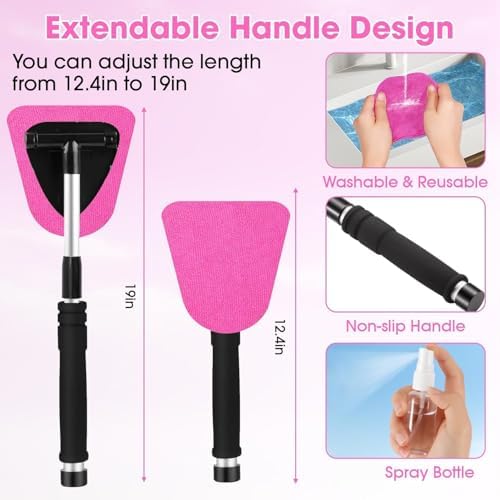 Pink Windshield Cleaner Tool, Car Interior Cleaning Kit with Extendable Handle and 3 Reusable Microfiber Pads, Auto Glass Wiper and Detailing Brush Kit for Car & Home Window - Image 5