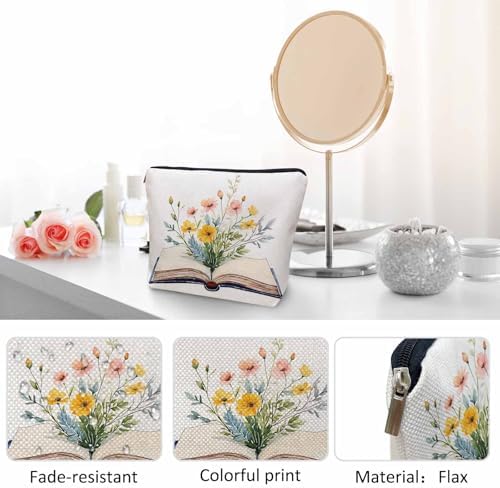 Floral Book Makeup Bags Makeup Organizer, Open Book Blossom Wild Flowers Flax Toiletry Bags Travel Cosmetic Bag Makeup Purse Pouch Skincare Bag Wallet Bags For Women Female Mom Daughter - Image 5