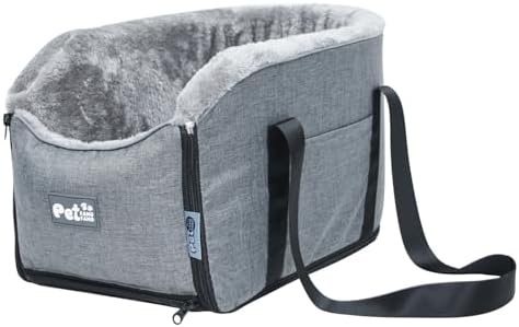 Pet Car Center Console Elevated Armrest Car Seat for Small Puppy, Dogs & Cats (Up to 10 lbs) – Dark Gray Washable Plush Carrier with Safety Leash, Fits Front Vehicle Console Space (Grey) by PET+FANG+FANG