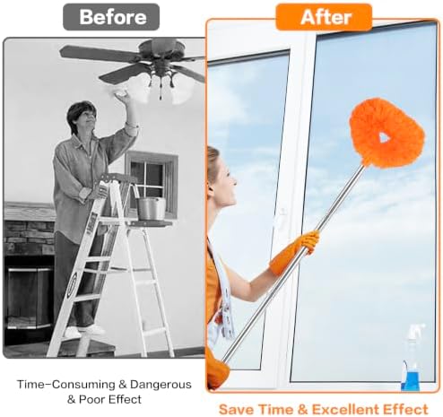 Ceiling Fan Cleaner Duster Reusable Microfiber Ceiling Fan Blade Cleaner Removable Duster with Extension Pole Adjusts 13 to 49.7 Inch for Cleaning Walls Bookshelves Furniture Door Window Top (Orange) - Image 5