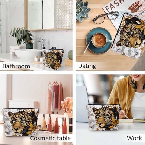 Leopard Makeup Bags Makeup Organizer, African Golden Leopard Peony Rose Cheetah Flax Toiletry Bags Travel Cosmetic Bag Makeup Purse Pouch Skincare Bag Wallet Bags For Women Female Mom - Image 6