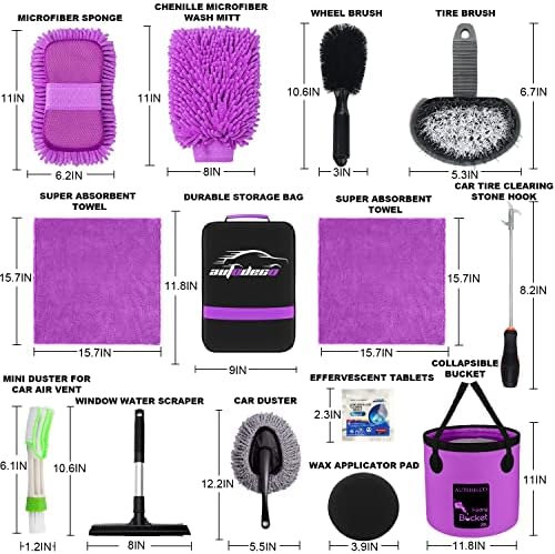 22Pcs Car Wash Cleaning Tools Kit Car Detailing Set with Canvas Bag Purple Collapsible Bucket Wash Mitt Sponge Towels Tire Brush Window Scraper Duster Complete Interior Car Care Kit - Image 6