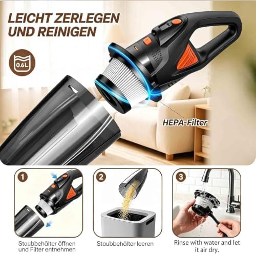 Oryzom Handheld Vacuum, 3-in-1 Portable Vacuum Cleaner with 18kpa Suction, Rechargeable 8000mAh Battery, HEPA Filter & LED Light for Car, Home, Office, Pet Hair & Dust - Image 3