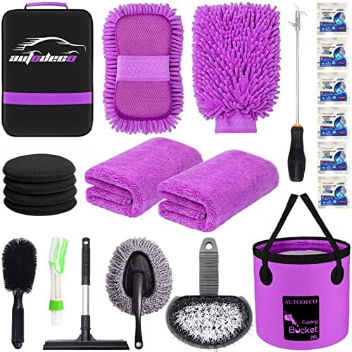 22Pcs Car Wash Cleaning Tools Kit Car Detailing Set with Canvas Bag Purple Collapsible Bucket Wash Mitt Sponge Towels Tire Brush Window Scraper Duster Complete Interior Car Care Kit by AUTODECO