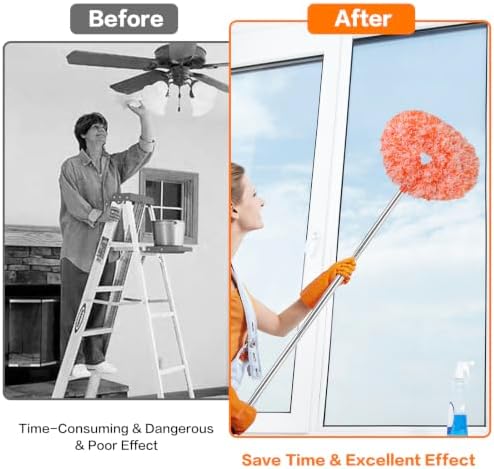 Ceiling Fan Cleaner Duster Reusable Microfiber Ceiling Fan Blade Cleaner Removable Duster with Extension Pole Adjusts 13 to 49.7 Inch for Cleaning Walls Furniture Door Window Top (Orange White) - Image 4