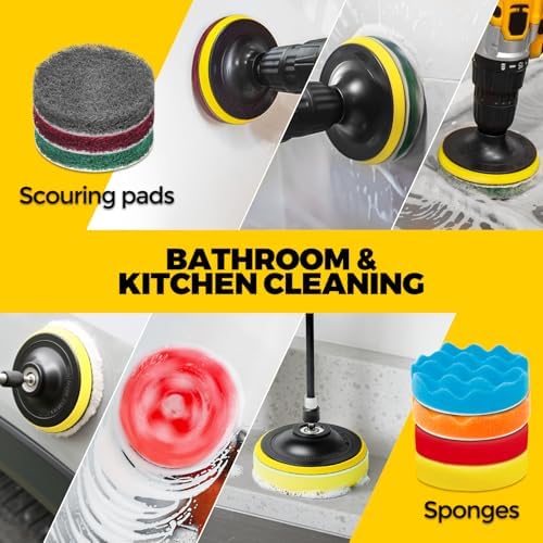 Holikme 22Pack Drill Brush Attachments Set, Scrub Pads & Sponge, Buffing Pads, Power Scrubber Brush, Car Polishing Pad Kit,Wax Applicator Pad,Car Cleaning Kit，Cleaning Supplies，Masonry Brushes,Black - Image 3