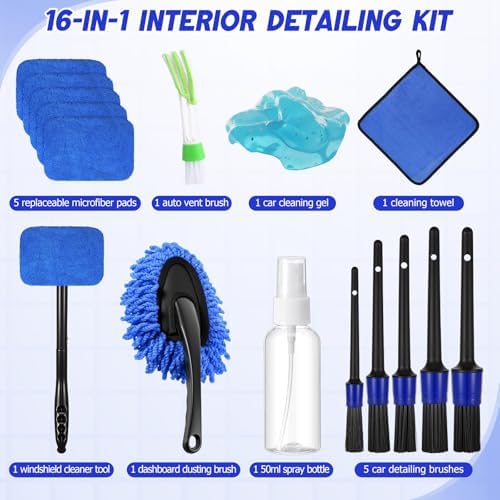16 Pcs Windshield Cleaner Tool, Car Cleaning Kit with Various Detailing Brushes Set Spray Bottle Cleaner Towel Cleaning Gel Accessories Car Interior Detailing Kit for Windows Vents(Blue) - Image 2