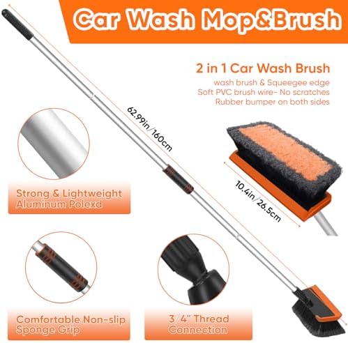 Wontolf 62'' Car Wash Brush with Long Handle, Scratch-Free Soft Bristles Sturdy Car Wash Mop, Complete Cleaning Brush Kit Wash Mitt Towel Windshield Squeegee Wheel Tire Brush for Car Truck RV Orange - Image 6
