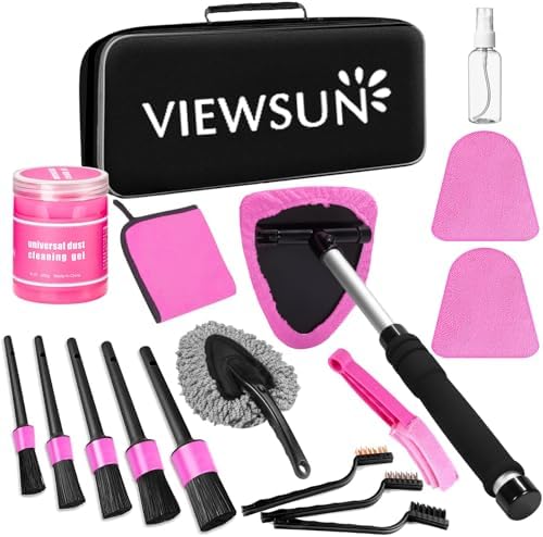 Windshield Cleaner Tool, 17Pcs Pink Car Interior Cleaning Kit, Detailing Kit Cleaner, Detailing Brush, Cleaning Gel, Inside Cleaning Supplies Accessories for Women Girl Gift by Viewsun