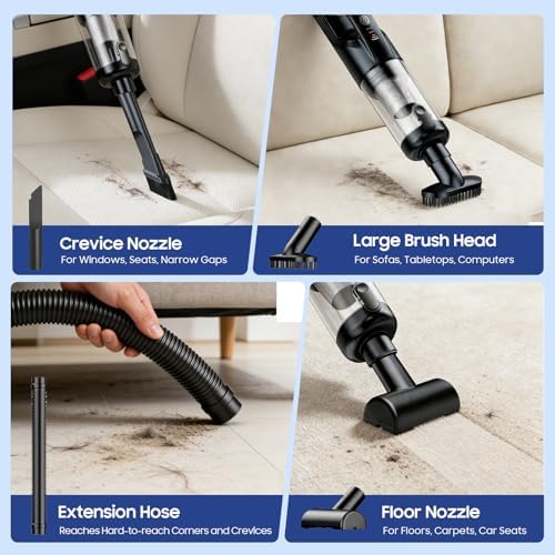 Handheld Vacuum Cordless, 17000Pa Car Vacuum Portable Cordless with Brushless Motor, 2-in-1 Vacuum Cleaner with Multi-Nozzles & Washable Filters, 2 Suction Modes for Home, Car, Office, Pet Hair - Image 4