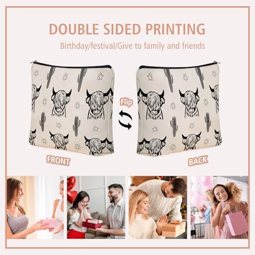 Western Highland Cow Themed Makeup Bag For Women & Teen Girls Travel Gifts | Small Cowgirl Cosmetic Bag & Toiletry Organizer Pouch, Aesthetic Cowgirl Print Stuff & Purses Christmas Birthday Gift for Her - Image 6