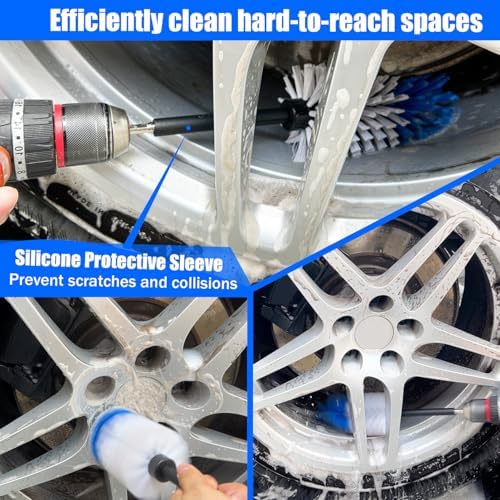 Wheel Brush Kit, Soft Drill Wheel Cleaner Brush, Tire Brush, Detailing Brush, and Detailing Pads, No Scratches Car Wheel Cleaning Kit for Wheels, Tire, Rims, Engines, Exhaust(Blue + White 9 Pk) - Image 4