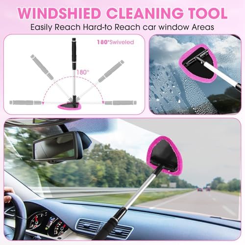 Pink Windshield Cleaner Tool, Car Interior Cleaning Kit with Extendable Handle and 3 Reusable Microfiber Pads, Auto Glass Wiper and Detailing Brush Kit for Car & Home Window - Image 3