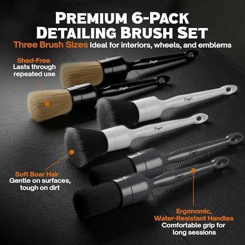 Premium Car Detailing Brush Set - Complete 6 Pack Kit - 2 Boar's Hair, 2 Ultra Soft, 2 Synthetic Bristles - Car Detail Brush for All Surfaces, Leather Seats, Air Vents, Wheels & Emblems, and More - Image 2