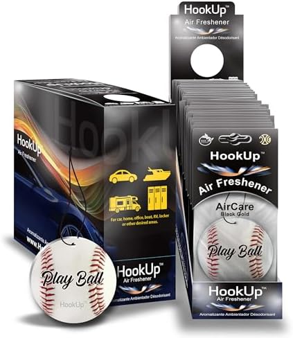 Baseball Car Air Freshener by HookUp - 25 Pack - Black Gold Scent (Extra Strong) | Unique Baseball Gift for Players, Coach, Fans | Hanging Car Accessory with Long Lasting Fresheners Smell by HookUpAirCare