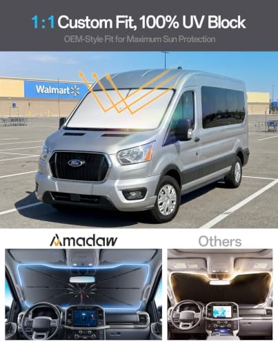 Windshield Sun Shade for Ford T150/250/350 2015–2026, Foldable Umbrella Sunshade with 100% UV Block, Multi-Layer Heat Insulation, Reinforced 10-Rib Frame, Keeps Car Cooler - Image 3