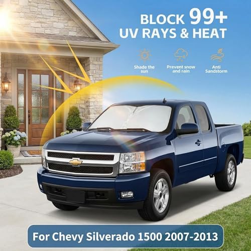 Windshield Sun Shade for Chevy Silverado 1500 2007-2013 Sunshade Front Window Shade Custom Fit Silverado 1500 Accessories Sun Visor Foldable Shade Blocks UV Rays Accessories - Image 2