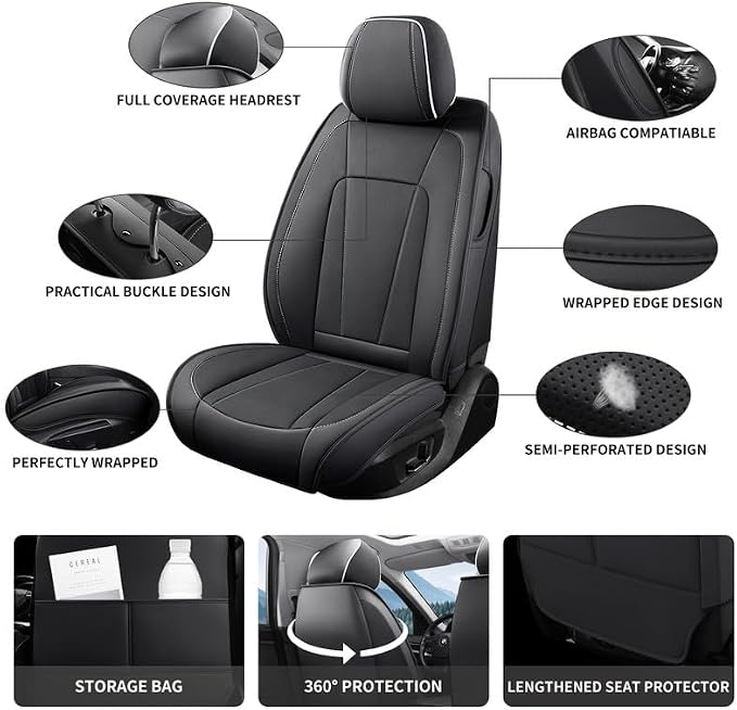 Car Seat Covers Full Set Custom Fit for Honda Civic 2000-2026 , Black&White | Premium Faux Leather, Waterproof, Anti-Slip, Airbag Compatible, Breathable, Car Seat Protectors, 2 Rows 5 Seats - Image 2