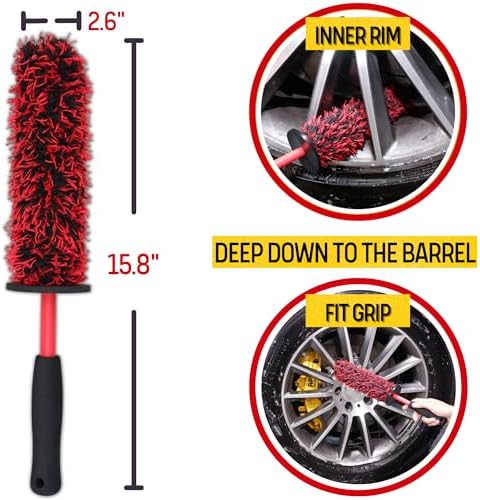 oesee Professional 4 Pack Long Handle Wheel Brush Kit for Cleaning Wheel and Tire- 2X Soft Wheel Cleaning Brush, Detailing Brush and Stiff Tire Brush, Bendable& Durable Wheel Rim Cleaner Brush Set - Image 3