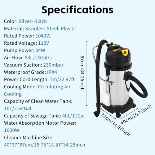40L/11Gal Commercial Carpet Cleaner, 3 in 1 Multi-Purpose Floor Cleaning Machine Heavy Duty Extractor Vacuum Washing Machine, 1049W Powerful Sofa Curtain Carpet Cleaning Machine - Image 7