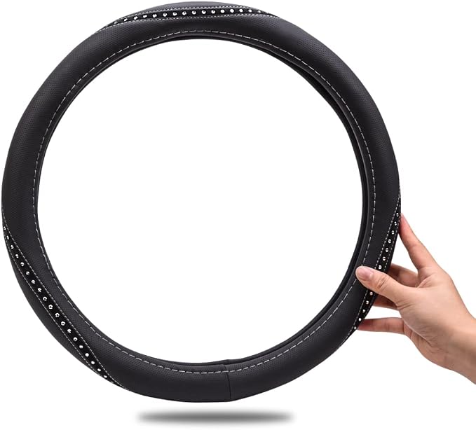 CAR PASS Bling Diamond Black Leather Steering Wheel Cover, Studded Crystal Rhinestones Universal Fit 14" 1/2-15" Glitter for Women Sparkle Girl Fit Suvs,Vans,Sedans,Car,Trucks, Silver Diamond - Image 8