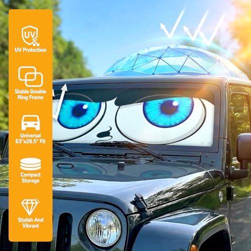Windshield Sun Shade for Car, 63"x28.5" Stylish Printed Front Window Sunshade with Double Steel Ring Frame, Universal Fit Foldable Heat Blocker & UV Protector, with Storage Pouch (Eyes) - Image 6
