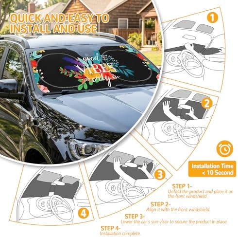 Windshield Sun Shade for Car, 63"x28.5" Stylish Printed Front Window Sunshade with Double Steel Ring Frame, Universal Fit Foldable Heat Blocker & UV Protector, with Storage Pouch (Flowers) - Image 5