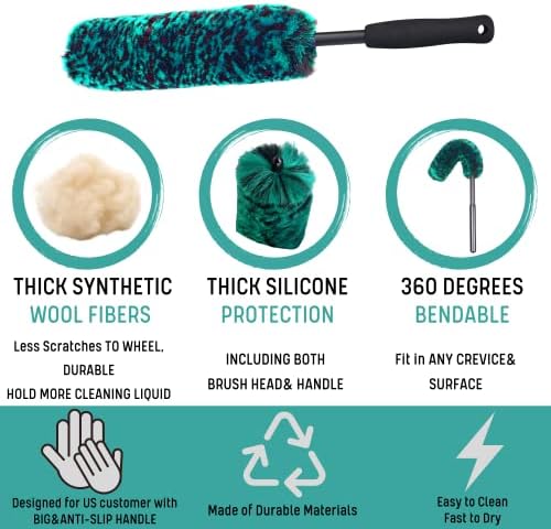 oesee Professional 4 Pack Long Handle Wheel Brush Kit for Cleaning Wheel and Tire- 2X Soft Wheel Cleaning Brush, Detailing Brush and Stiff Tire Brush, Bendable& Durable Wheel Rim Cleaner Brush Set - Image 5