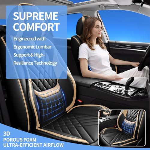 Fit Liberty Car Seat Covers Compatible with Jeep Liberty 2002-2010 2011 2012-Premium Leather,Waterproof,Breathable,Airbag Compatible &All-Weather Seat Cushion Protecto(Full Set,Beige) - Image 3