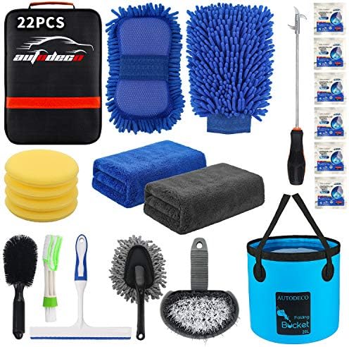 22Pcs Car Wash Cleaning Tools Kit Car Detailing Set with Black Canvas Bag Collapsible Bucket Wash Mitt Sponge Towels Tire Brush Window Scraper Duster Complete Interior Car Care Kit by AUTODECO