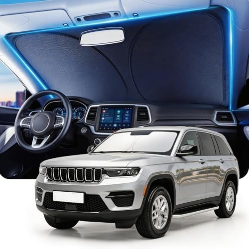 DMJN Front Windshield Sun Shade for Jeep Grand Cherokee (2011-2026), [Nano Ice-Crystal Coatings] UPF50+ Heat & UV Block, Protect Car Interior & Keep Cool, Flodable Steel-Ring Car Cover for Summer by DMJN