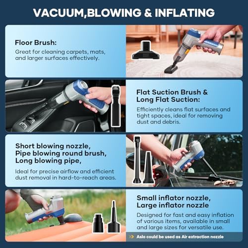 SakerPlus Mini Vacuum Cleaner, 3 in 1 Car Vacuum Cleaner High Power, 15000PA Powerful Suction, Air Duster, 7500mAh, Adjustable Small Vaccum Portable Cordless for Cars,Desktop,Home- Light Blue - Image 5