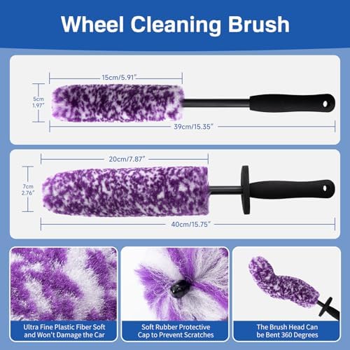 4 Pack Wheel Tire Cleaning Brush Kit Cars Motorcycles RVs Trucks Rim Hub Ultra Soft Microfiber No Spatter 360 Bendable Synthetic Woolies Wash Vehicles Bristle Set - Image 2