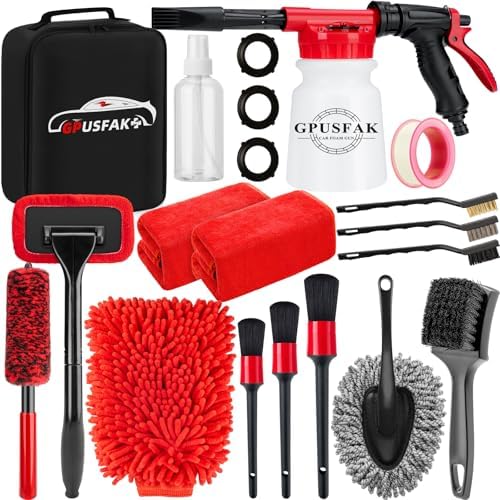 16Pcs Car Wash Cleaning Kit with Foam Gun Sprayer Detailing Brushes Windshield Cleaning Tool Rim and Tire Brush Towels Complete Interior Exterior Detailing Set for Car by GPUSFAK