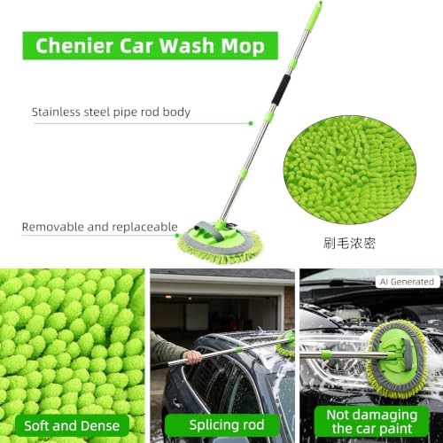 62" Car Wash Brush Kit Mitt Mop Sponge with Long Handle, Chenille Microfiber Car Cleaning Brush Kit, Windshield Window Squeegee, Car Care Kit of Scratch-Free Replacement for Cleaning Car, RV, Truck - Image 4