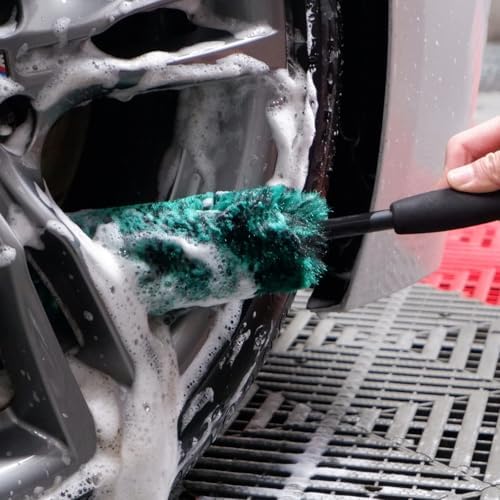 oesee Professional 4 Pack Long Handle Wheel Brush Kit for Cleaning Wheel and Tire- 2X Soft Wheel Cleaning Brush, Detailing Brush and Stiff Tire Brush, Bendable& Durable Wheel Rim Cleaner Brush Set - Image 2