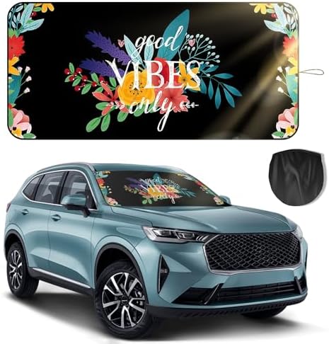 Windshield Sun Shade for Car, 63"x28.5" Universal Fit Front Window Sunshade with Double Steel Ring Frame, Car Sun Shade, UV Protection Windshield Cover with Storage Pouch (Good Vibes) by OYIXIO