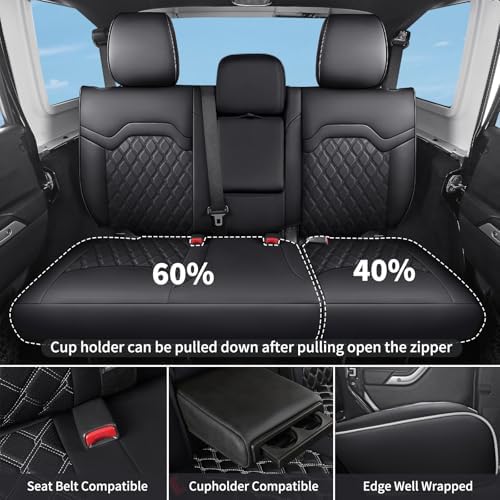 Huidasource Seat Covers for Jeep Wrangler JL 2018-2026, Cupholder Compatible, Waterproof Leather Seat Cover Full Set for Jeep Wrangler JL 4-Door, Custom Fit Seat Cushion Covers (Full Set/Black&White) - Image 3