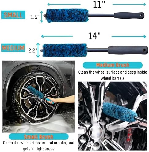 oesee Professional 4 Pack Long Handle Wheel Brush Kit for Cleaning Wheel and Tire- 2X Soft Wheel Cleaning Brush, Detailing Brush and Stiff Tire Brush, Bendable& Durable Wheel Rim Cleaner Brush Set - Image 3