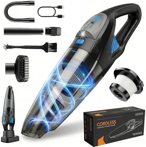 Handheld Vacuum Cordless, 25000Pa Powerful Suction Car Vacuum Portable Cordless with 8000mAh Battery & LED Light, Hand Held Vacuum Rechargeable with HEPA Filters, Home, Car Seats, Pet Hair Blue by Unknown
