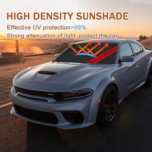 Front Windshield Sun Shade Fit for Dodge Charger Challenger Durango Journey Universal Fit to All Dodge Cars Foldable Sun Visor Protector Custom Fit Dodge Window Sunhade (Black) - Image 2