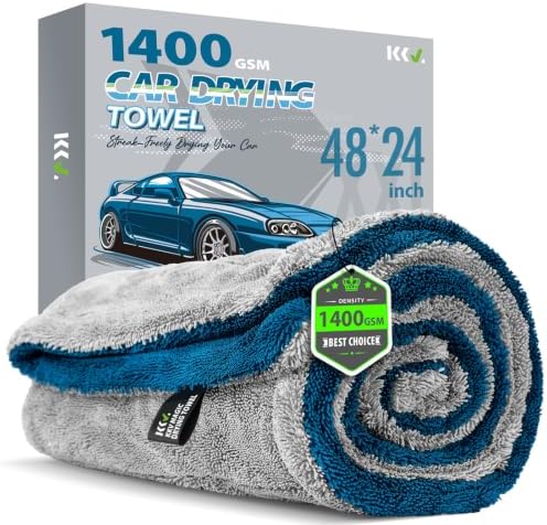 KKV Full-Sized SUV Drying Towel, 48”x24” Dual Sided Microfiber Car Cleaning Towel with Twisting Yarn Technique, 1400GSM Super Absorbent, Scratch-Free, Machine Washable (LightGrey-MarineBlue) by KKV