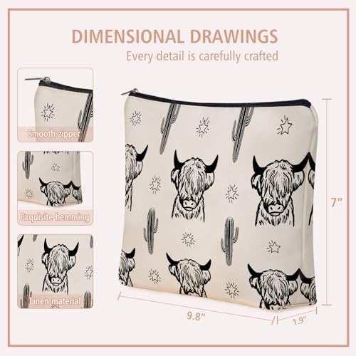 Western Highland Cow Themed Makeup Bag For Women & Teen Girls Travel Gifts | Small Cowgirl Cosmetic Bag & Toiletry Organizer Pouch, Aesthetic Cowgirl Print Stuff & Purses Christmas Birthday Gift for Her - Image 3