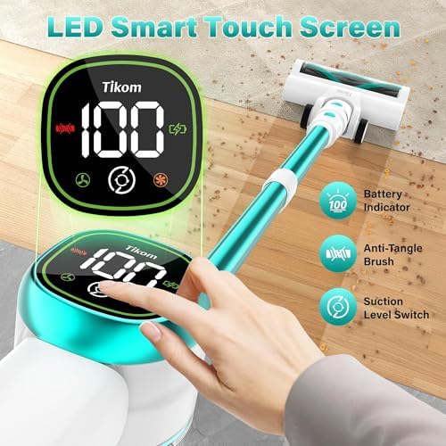 Tikom V500 Cordless Vacuum Cleaner for Home, 40000Pa/450W Stick Vacuum with LED Touch Screen, Charging Wall Dock, Anti-Tangle, Lightweight Handheld Vacuum for Pet Hair, Hard Floor, Carpet, Blue - Image 3