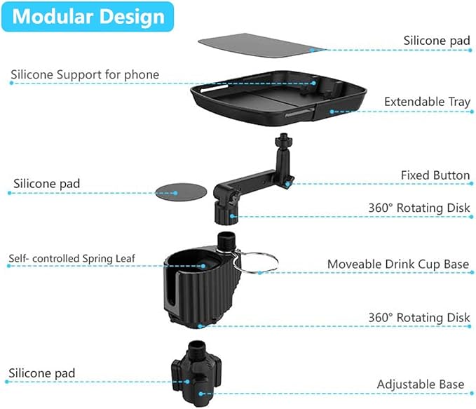 4-in-1 Car Cup Holder Expander Tray,Detachable Car Food Tray Retractable with Dual Cup Holder, Phone Holder, 360°Rotation Adjustable Base, Road Trip Essentials Car Accessories (A01) - Image 5