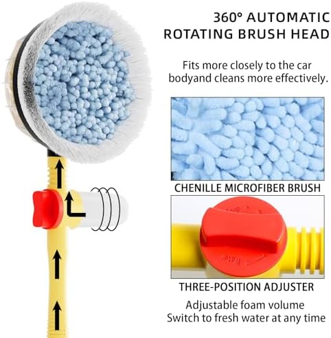 Car Wash Brush with Long Handle,Auto Rotating Car Wash Brush Cleaning Kit 360° Spin Car Mop with Pressure Washer Gun and Hose Nozzle for Cars RV Truck Yards Gardens etc - Image 3
