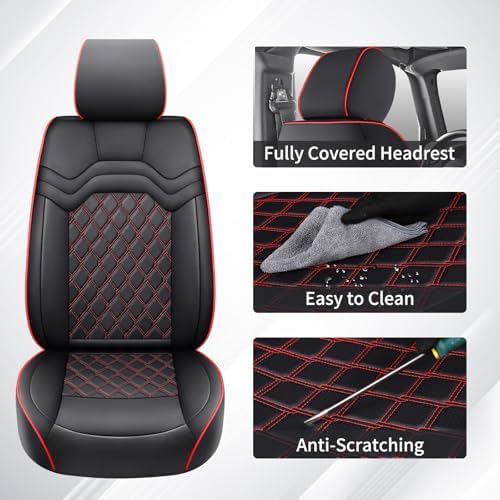 Huidasource Front Seat Covers for Jeep Wrangler JK 2007-2017, Waterproof Leather 2Pcs Front Seat Protector for Wrangler JK 2 Door/4 Door Sport Rubicon Sahara (Front Pair/Black&Red) - Image 5