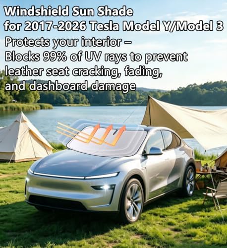 Windshield Sun Shade for 2017-2026 Tesla Model Y/Model 3, 4-Layer 240T Foldable UV Block Car Accessory to Cool Interior - Image 2