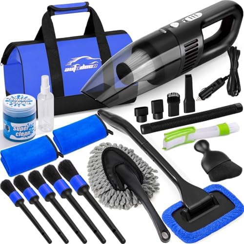 Car Cleaning Kit, Car Vacuum Interior Detailing Cleaner Kit with High Power Handheld Vacuum, Brush Set, Windshield Tool, Duster, Towels, Complete Car Care Tools for Women (Blue) by AUTODECO